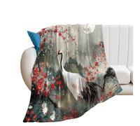 Coperta in Peluche Red Plum Crane Watercolor Retro Japanese Asian Full Moon Landscape Coperta di Flanella Morbido Coperte Traspiranti Copriletto per Divano Ufficio Letto L
