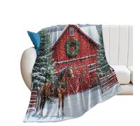 Coperta in Peluche Rustic Farmhouse Animal Horse Watercolor Merry Christmas Theme Xmas Tree Snowflake Coperta di Flanella Traspiranti Copriletto Durevole Coperte per Ufficio Divano L