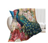 Coperta in Peluche Rustic Watercolor Animal Peacock Abstract Modern Spring Garden Flower Print Copriletto Elegante Coperte Durevole Blanket per Divano Camera da Letto Ufficio M