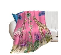 Coperta in Peluche Watercolor African Wild Animals Modern Rustic Tropical Plants Palm Trees Pink Flower Copriletto Confortevole Blanket Morbido Coperta di Flanella per Divano Camera da Letto M