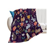 Coperta in Peluche Watercolor Cute Cat Theme Modern Spring Garden Flower Leaves Pet Cat Blanket Elegante Copriletto Confortevole Coperta di Flanella per Tutte Le Stagioni Ufficio Camera da Letto M