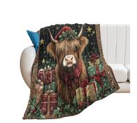 Coperta in Peluche Watercolor Cute Highland Cow Vintage Snowflakes New Year Highland Cow Red Christmas Hat Coperta di Flanella Morbido Blanket Durevole Copriletto per Letto Divano Ufficio M