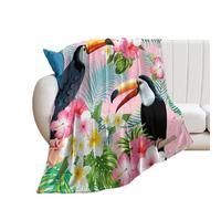 Coperta in Peluche Watercolor Flower Hibiscus Modern Tropical Toucan Green Palm Leaves Coperte Morbido Coperta di Flanella Durevole Copriletto per Divano Camera da Letto Ufficio S