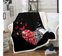 Coperta in pile a forma di cuore Yin Yang,artisticacoppie,romantiche farfalle,coperta geometrica rossa e bianca sfocata per divano letto,per letto singolo,150 x 150 cm