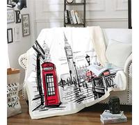 Coperta in pile Big Ben con stampa cabina telefonica coperta moderna a tema Londra Sherpa per la decorazione della stanza Famoso paesaggio urbano peluche coperta singola 127 x 152,4 cm