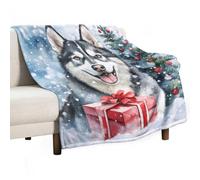 Coperta in Pile Cartoon Smiling Husky Dog Christmas Tree Coperta per Divano E Letto Comodo Decorazione Copriletto, per Bedroom, Divano, Canottaggio, 150x200cm