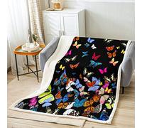 Coperta in pile con farfalle, motivo animale, bella coperta in peluche con farfalle, nera sherpa, per bambini, ragazzi, ragazze, adulti, per letto, divano, letto matrimoniale, 150 x 199 cm