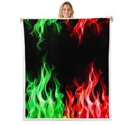 Coperta in pile con fiamma 3D, colore rosso e verde, per bambini, ragazze, ragazzi, adulti, con fiamme brucianti, moderna, nera, in sherpa, per sedia, divano, letto, 101 x 127 cm