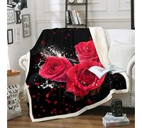 Coperta in pile con rose 3D per letto, divano, da donna, con stampa floreale rosa, coperta in peluche con motivo romantico floreale, coperta sherpa di lusso rossa e nera, decorazione per la stanza,