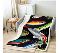 Coperta in pile con stampa di pesce dei cartoni animati colorati con esche di pesce sherpa coperta per divano divano adulto carino pesca tema coperta sfocata sport a tema caldo peluche decorazione ca