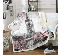 Coperta in Pile con Stampa Floreale Rossa Rosa per Divano Grigio UK - Tema Peluche Inghilterra Londra Cityscape - Fuzzy Coperta Decorazione Camera Singola 127 x 152,4 cm