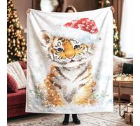 Coperta in pile con tigre, fantasiosi fiocchi di neve, cappello di Babbo Natale, colore arancione, morbida e accogliente, decorativa, per divano, letto, scrivania, dormitorio, lavoro, 101 x 152 cm