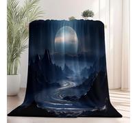 Coperta in Pile di Flanella 150 x 200 cm, Adatta a Tutte le Stagioni Realistica Luna Montagne Fiumi Coperta Stampata - Plaid Leggero Caldo e Morbido per Casa Soggiorno e Divano Nero
