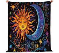Coperta in pile di flanella 180 x 200 cm, Tutte le stagioni Corpi Celesti Psichedelici Sole Luna Coperta super morbida, calda e accogliente per letto e divano Nero per Donne Uomini Adulti
