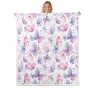 Coperta in pile di flanella con farfalle ad acquerello, rosa e viola, coperta per letto, divano, per bambini, 76,2 x 101,6 cm, coperta in morbido pile sfocato a pois con farfalle