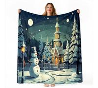 Coperta in pile di flanella con stampa di Cartone Animato Natale Chiesa Pupazzo Di Neve, antistatica morbida accogliente coperta invernale in microfibra, Colore 150 x 200 cm per letto divan viaggio