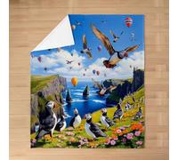 Coperta in pile di flanella Generic Puffins a tema oceano e costa, misura | Coperta soffice e morbida con paesaggio marino suggestivo raffigurante pulcinelle di mare, ideale per un uso confortevole su