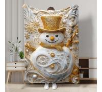 Coperta in pile morbida e confortevole per Natale, divano, viaggi, campeggio, per tutte le stagioni, motivo pupazzo di neve, bianco e oro, 152,4 x 203,2 cm