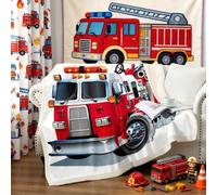 Coperta in pile per bambini con camioncino dei pompieri, motivo rosso con motore di fuoco sherpa, coperta per divano e auto con stampa di veicoli in caldo peluche, reversibile per camion antincendio,