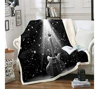 Coperta in pile per chitarra Sherpa moderna con tema musica rock, per letto, divano, divano, nero, grigio, motivo musicale, coperta in peluche, ultra morbida, con stampa di strumenti, decorazione