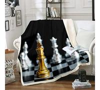 Coperta in pile per divano letto,motivo a scacchi,motivo geometrico,a quadretti,in sherpa,per la stanza in oro,argento,scacchi,nero,bianco,quadrato,150 x 180 cm