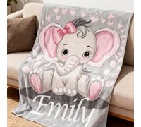 Coperta in pile personalizzata con nome, stampa carina di elefante rosa con fiocco e cuori, morbida e calda coperta personalizzata per la cameretta e la camera da letto delle bambine 130*150 cm / 51,1