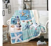 Coperta in pile Sherpa a tema nautico con barca a vela e stella marina, coperta in peluche, per sedie, divano, divano, divano, ancora, tema oceano, coperta per camera da letto, colore: blu,