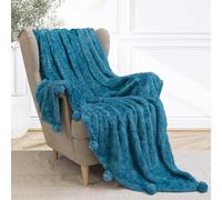 Coperta in pile Sherpa blu acqua PAVILIA con soffice frange a pompon, morbida e calda, per divano, letto, soffice e soffice, con pompon, leggera,