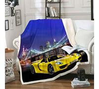 Coperta in pile Sherpa, con auto da corsa, per bambini, ragazzi, ragazzi, adulti, per sport estremi, colore giallo, per letto matrimoniale, 152 x 200 cm
