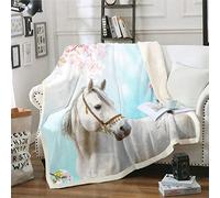 Coperta in Pile Sherpa con Stampa di Cavalli Bianchi e Farfalla Floreale - Peluche Microfibra a Tema Animali Selvatici e Natura per Divano Letto