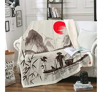 Coperta in pile Sherpa in stile cinese, motivo: cormorano, pescatore e bambù, per bambini, ragazzi e ragazze, con paesaggio Guilin, coperta in peluche con inchiostro, decorazione vintage, coperta