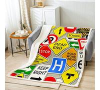 Coperta in pile Sherpa per auto con cartello stradale a cartoni animati, coperta per letto, divano, veicolo per bambini, tema ultra morbido, colorato, cartello sfocato, coperta in peluche, 80 x 100 cm
