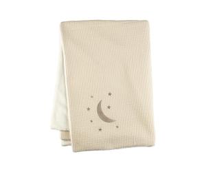 Coperta in soffice tessuto a nido d'ape, coperta con ricamo a forma di luna e stelle, coperta per bambini dalla nascita, 75 x 100 cm, ecru