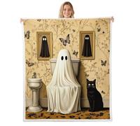 Coperta Kawaii nera con gatto, coperta in pile con fantasma di Halloween, decorazione per la camera di bambini, ragazze e ragazzi, coperta in sherpa con piante botaniche naturali, per sedia/divano
