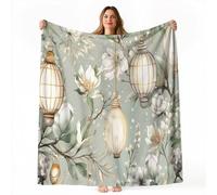 Coperta Lanterne Fiori Bianchi Retro Caldo Pile Divano Morbida Coperte per Letto Singolo Matrimoniale Verde salvia Crema Bianco Soffice e Calda Coperta Pile Invernale per Bambini Adulti 220 x 260 cm