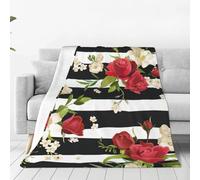 Coperta morbida e calda in pile di flanella leggera con stampa di fiori di rosa rossa a righe bianche e nere