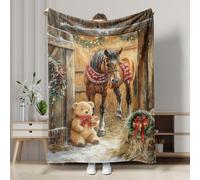 Coperta natalizia in flanella con cavallo e orso, marrone, accogliente tema fattoria, decorazione invernale per vacanze, morbida coperta in peluche per divano, letto, tutte le stagioni, 152 x 203 cm