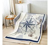 Coperta nautica in pile per bambini, motivo a bussola, coperta sherpa, per letto, divano e divano per bambini, coperta in peluche a tema oceano Marina, coperta sfocata blu e bianca per camera da lett