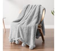 Coperta Pavilia in Sherpa grigio chiaro per divano, calda e soffice coperta grigia per divano, leggera, morbida e soffice, con pompon, grigio chi