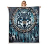 Coperta per bambini, motivo: acchiappasogni, motivo lupo del sud-ovest, stile bohémien, per letto e divano, motivo tribale misterioso per ragazze e ragazzi, colore blu scuro, dimensioni 76 x 99 cm