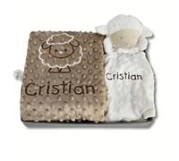 Coperta per bambini personalizzata + Doudou con nome ricamato (vari modelli e colori disponibili) Cestino regalo neonato regalo per battesimo o babyshower, confezione nascita - Regali TPMAS (OVEJITA)