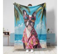 Coperta per cani con Boston Terrier, 152 x 203 cm, divertente, con palme da spiaggia hawaiane, calda, soffice, pelosa, in flanella, per camera da letto, campeggio, divano, decorazione per animali