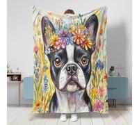 Coperta per cani con Boston Terrier primaverile, 127 x 152 cm, estetica floreale, calda e soffice, in flanella, per camera da letto, campeggio, divano, decorazione per animali domestici