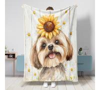 Coperta per cani Shih Tzu in legno rustico, 101 x 127 cm, con girasole e margherite, calda, soffice e accogliente, coperta in flanella per camera da letto, campeggio, viaggi, divano per animali