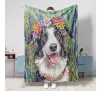 Coperta per cani Spring Border Collie, 127 x 152 cm, estetica con pianta floreale, calda, soffice e accogliente, in flanella, per camera da letto, campeggio, viaggi, divano per animali domestici