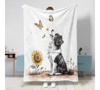 Coperta per cani Spring Border Collie, 152 x 203 cm, con girasole, pianta e fiore, calda, soffice e accogliente, in flanella, per camera da letto, campeggio, viaggi, divano per animali domestici