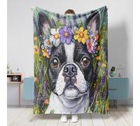 Coperta per cani Spring Boston Terrier, 152 x 203 cm, estetica floreale pianta calda, soffice e accogliente, coperta in flanella per camera da letto, campeggio, viaggi, divano per animali domestici