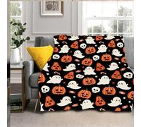 Coperta per Halloween, 127 x 101,6 cm, motivo: fantasma, zucca, teschio, nero e arancione, coperta leggera e calda, morbida, decorazione per casa, soggiorno, divano, letto