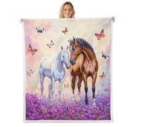 Coperta per letto matrimoniale con coppia di cavalli, 60 x 80 cm, motivo giardino botanico, farfalla, viola, lavanda, per bambini, adolescenti, adulti, stile romantico, animali selvatici, coperta in