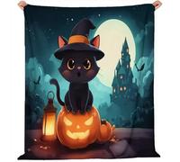 Coperta Pile Castello di zucca gatto strega dei cartoni animati Coperta Plaid Pile Divano Blanket in Flanella, 150 x 200 cm Coperta Letto Bambini Calore Morbida, Campeggio Nero Arancione